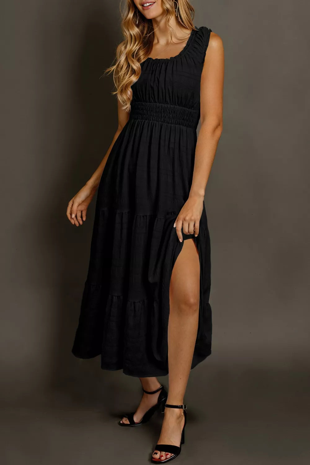 Cedar & Moore sleeveless smocked tiered dress with side slit, black