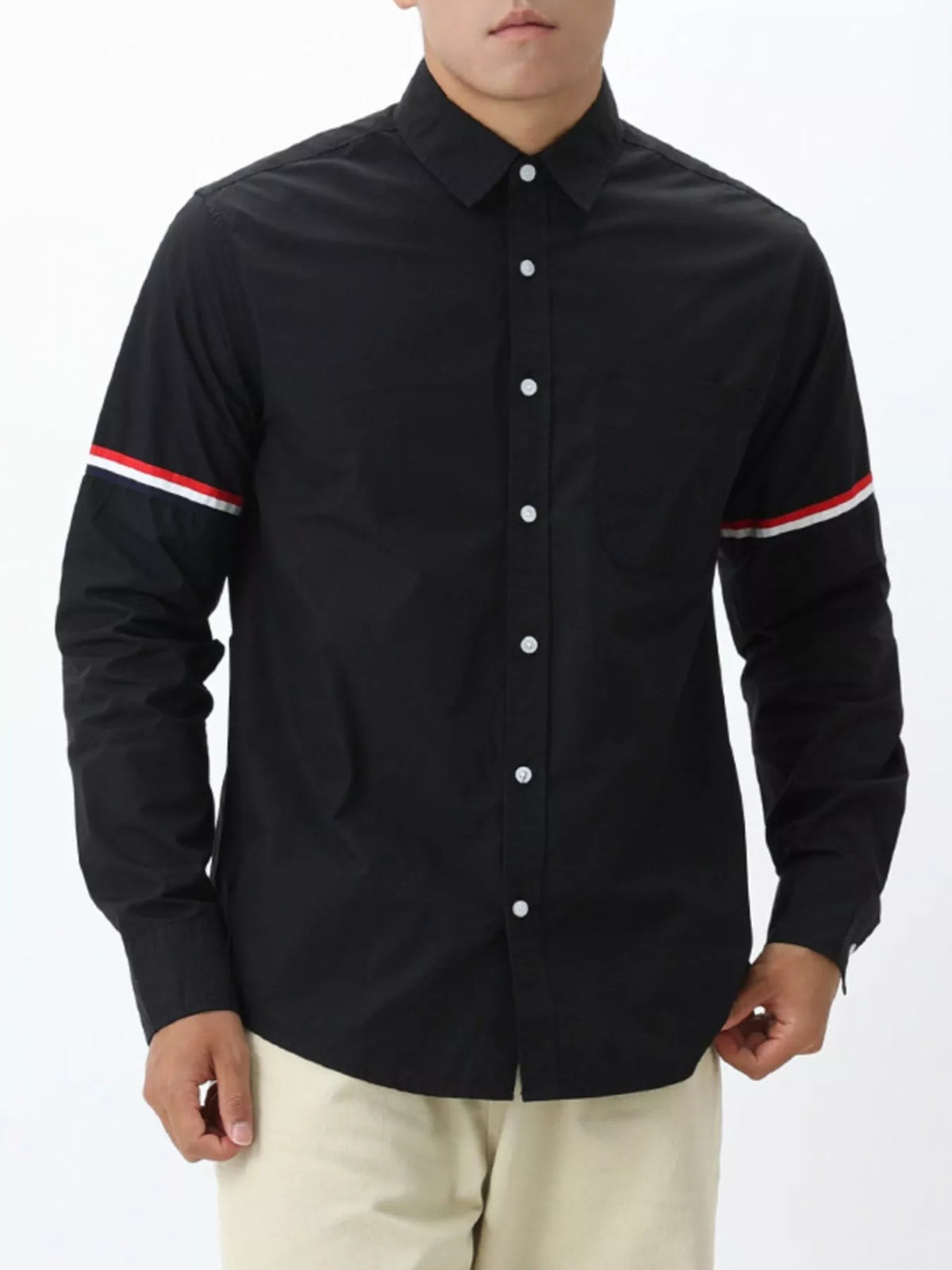 Black cotton long-sleeve button-down shirt, striped sleeve bands, chest pocket
