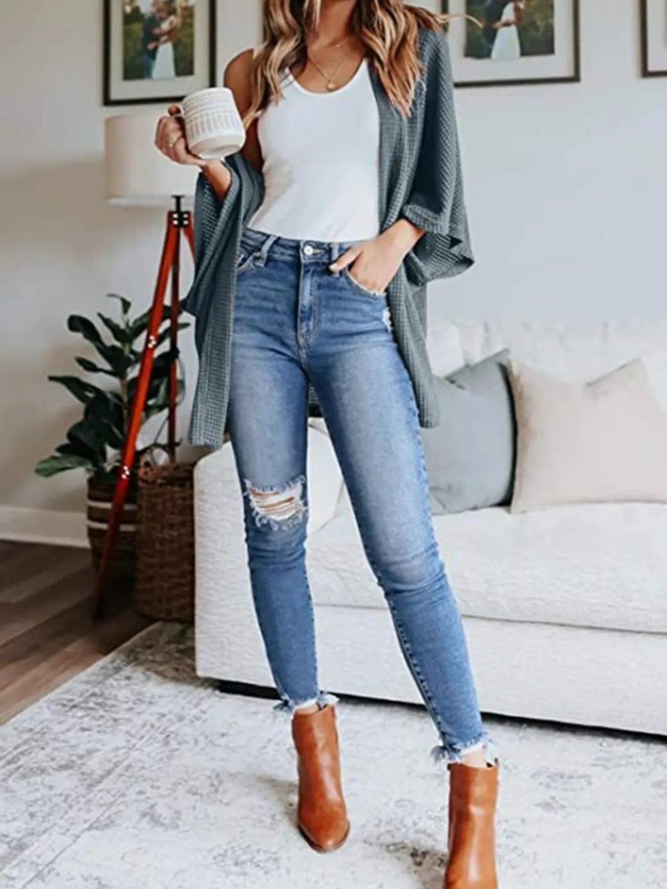 Dark blue waffle knit open-front cardigan with relaxed plus-size fit and elbow-length sleeves