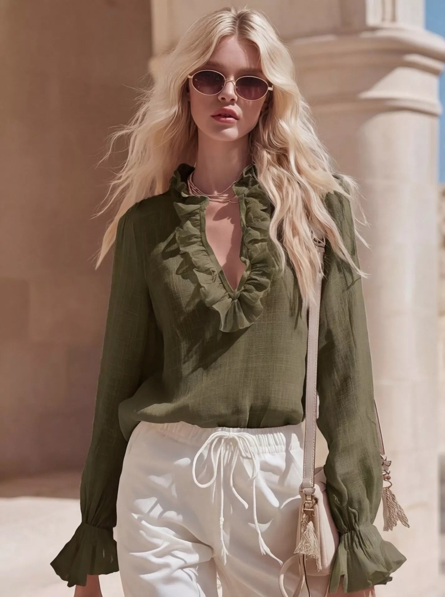 Army-green ruffled V-neck long-sleeve blouse with gathered neckline detail