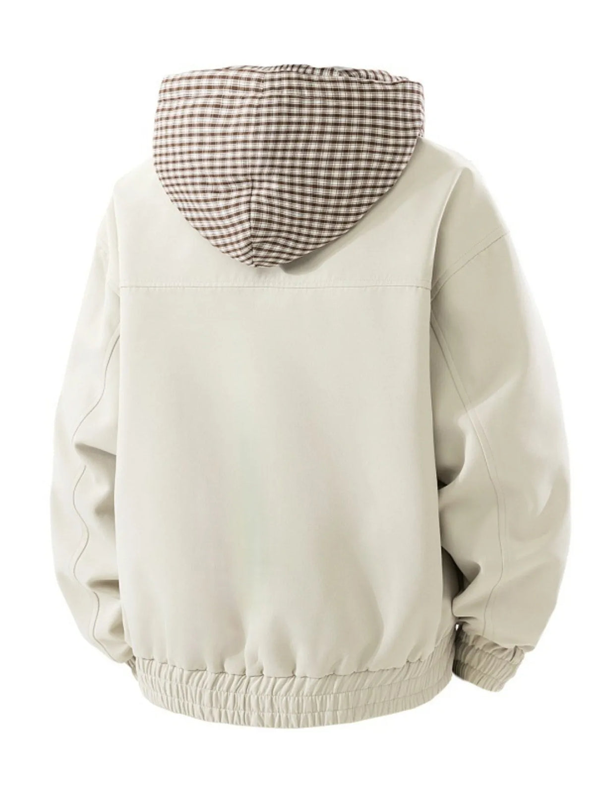 Cream hooded zip-up jacket with plaid-lined hood, ribbed hem and cuffs
