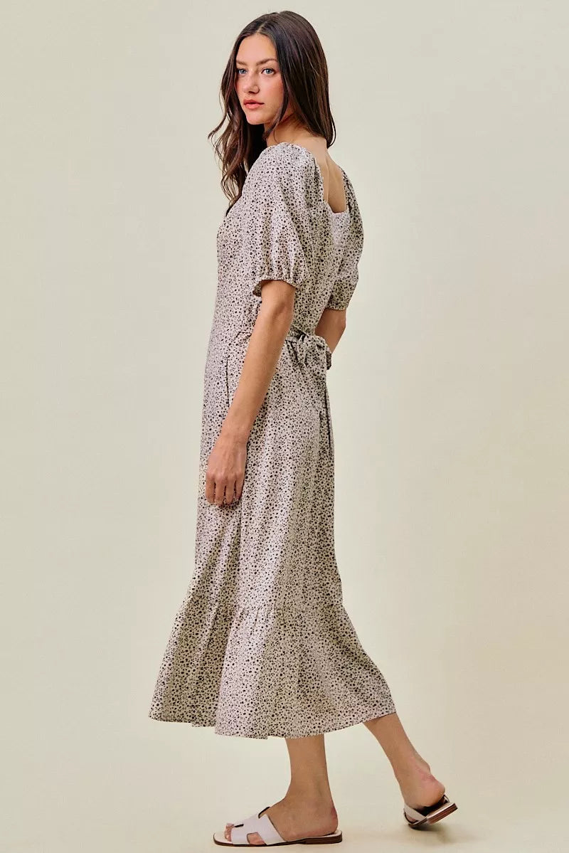 Ditsy floral dress, off white/black, with square neckline, puff sleeves, and elastic waist