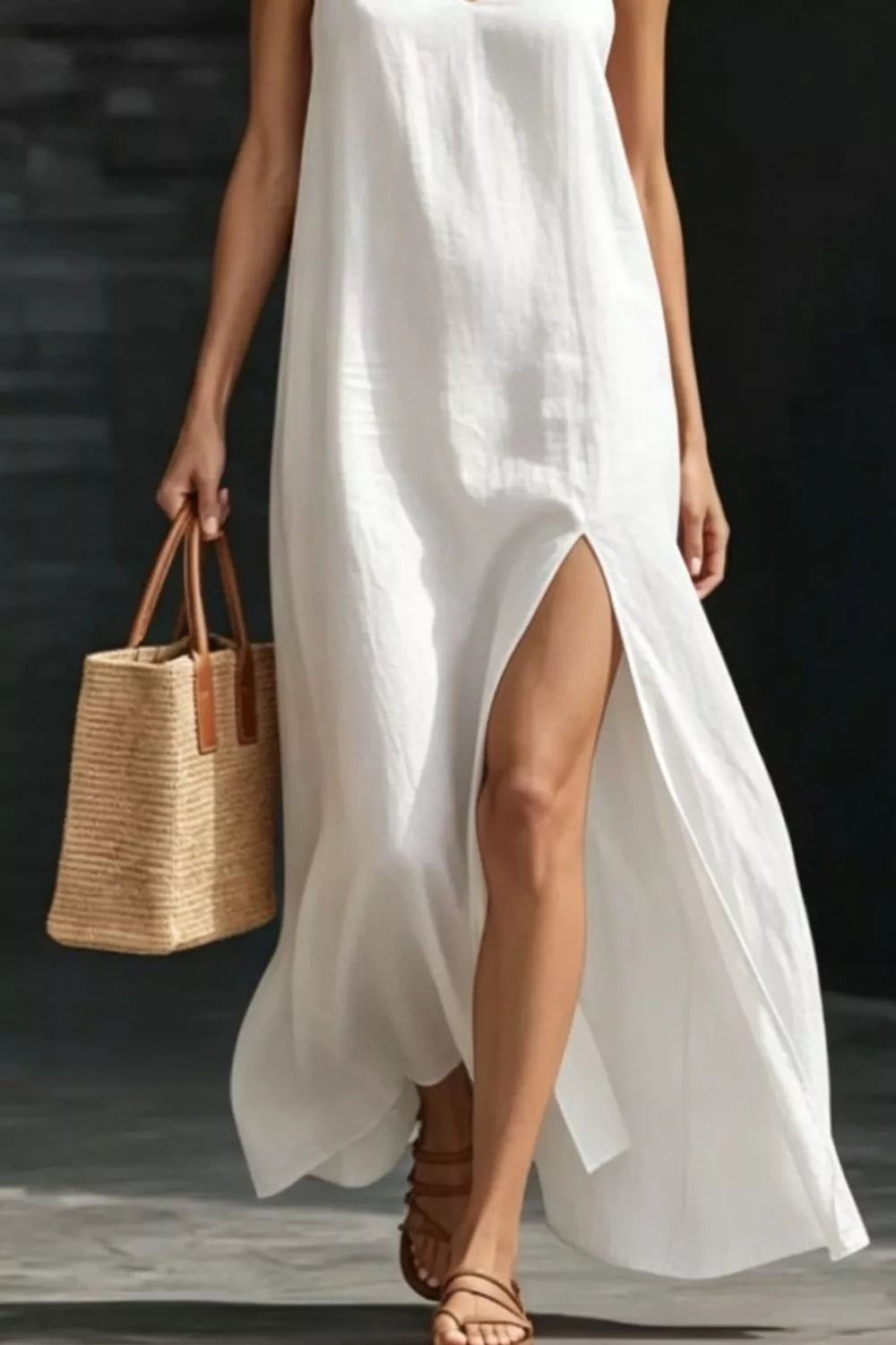 Cedar & Moore Slit V-Neck Maxi Dress, white, by Trendsi, with side slit