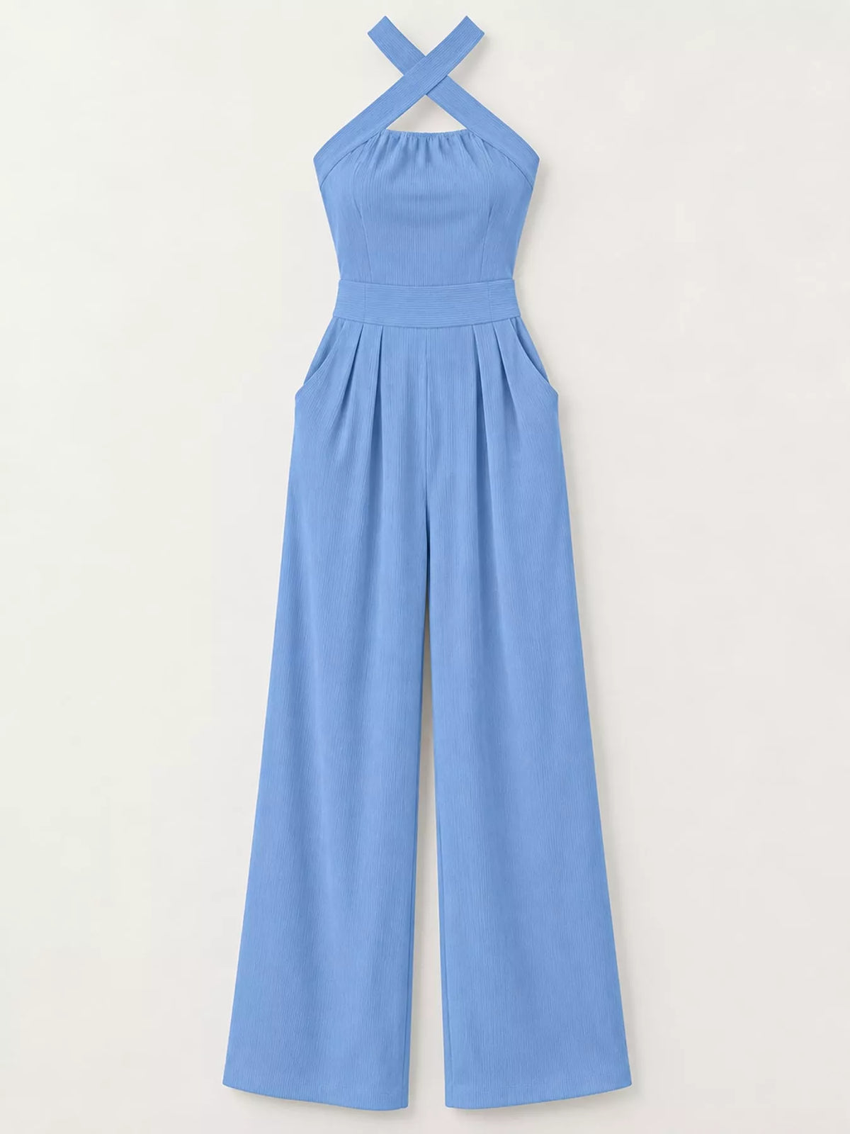 Light blue halter linen jumpsuit with gathered waist and wide-leg pant legs