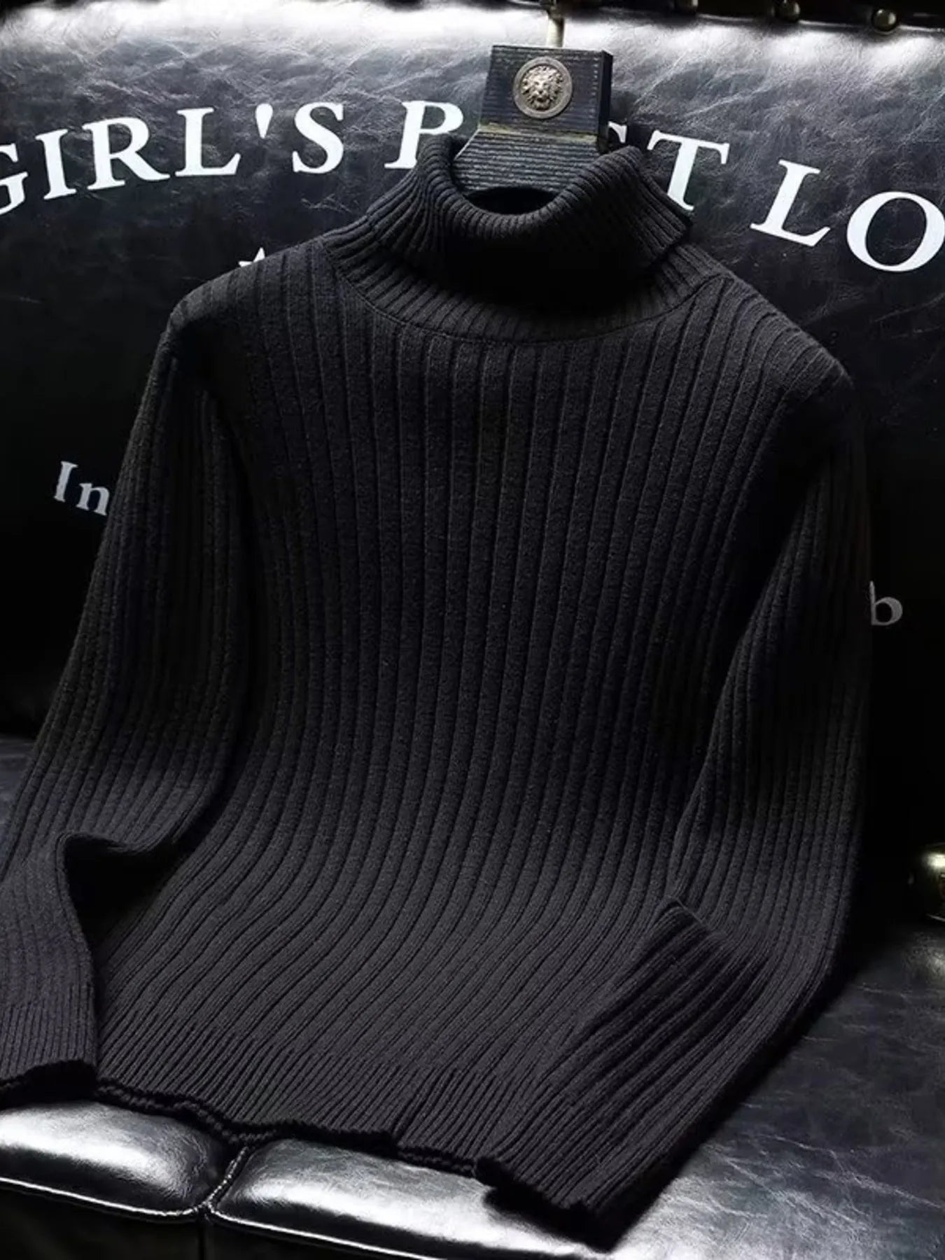Ribbed turtleneck long sleeve sweater, black knit