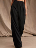 Black high-waisted pleated wide-leg pants with button closure and belt loops