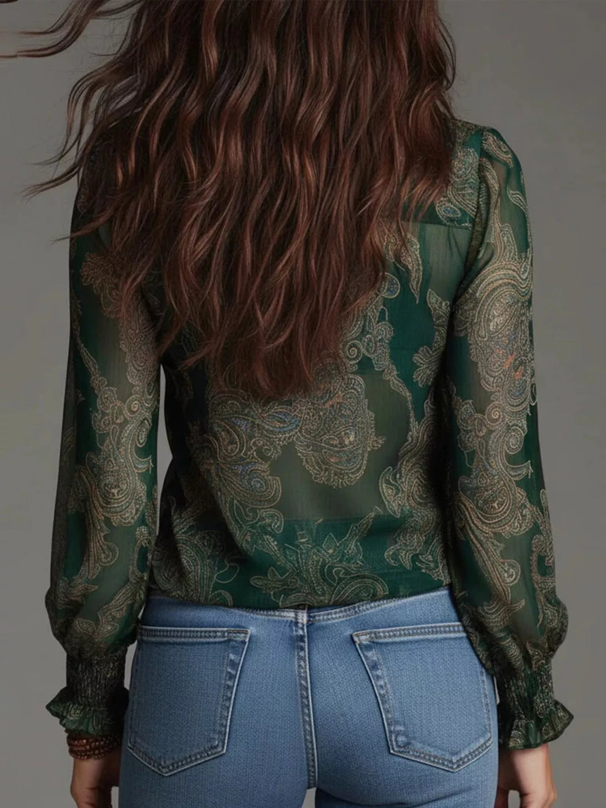 Dark green paisley ruffle zip-front blouse, long sleeves, back view