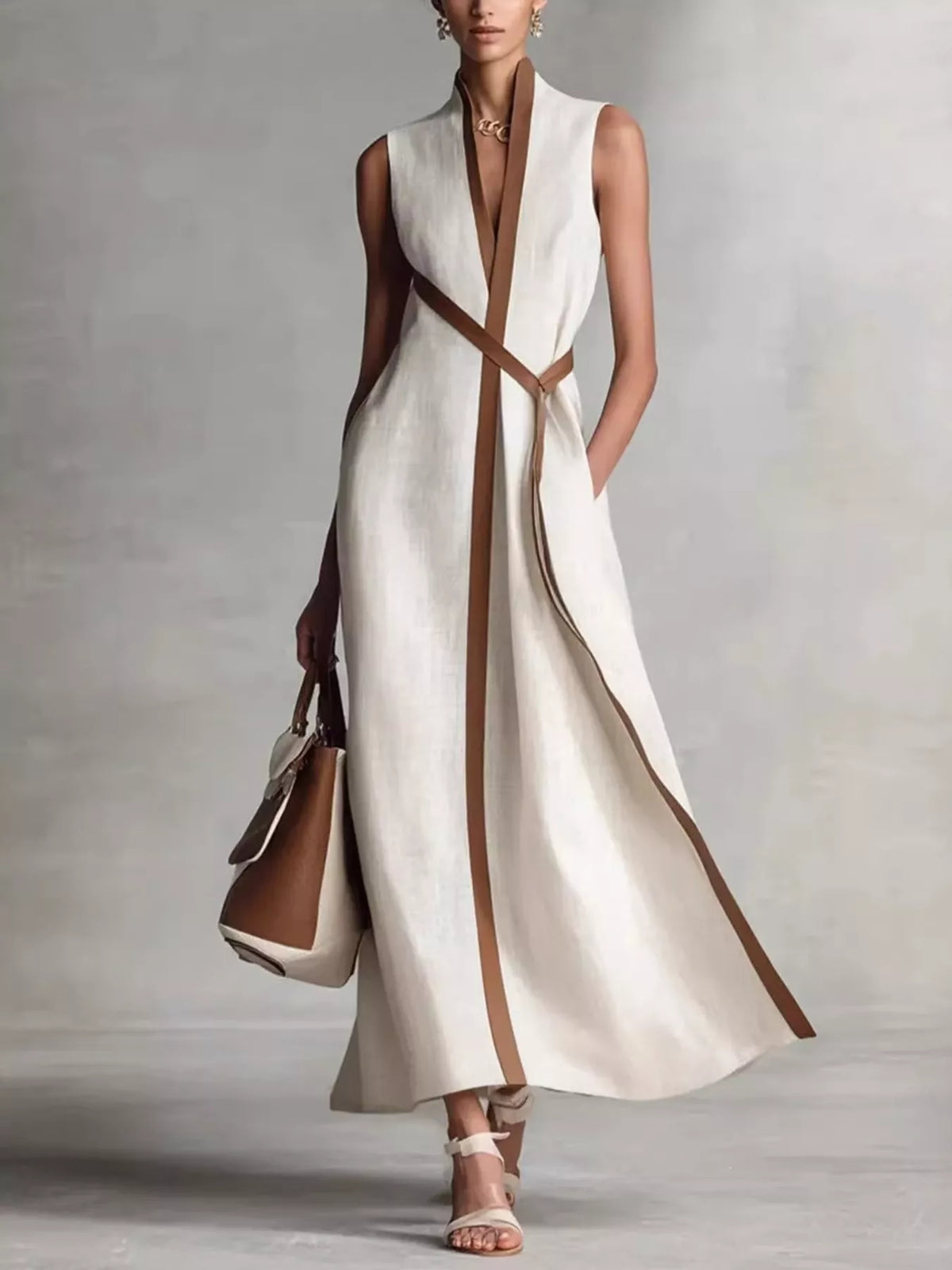 White contrast-trim belted wrap maxi dress, sleeveless V-neck with flowing skirt