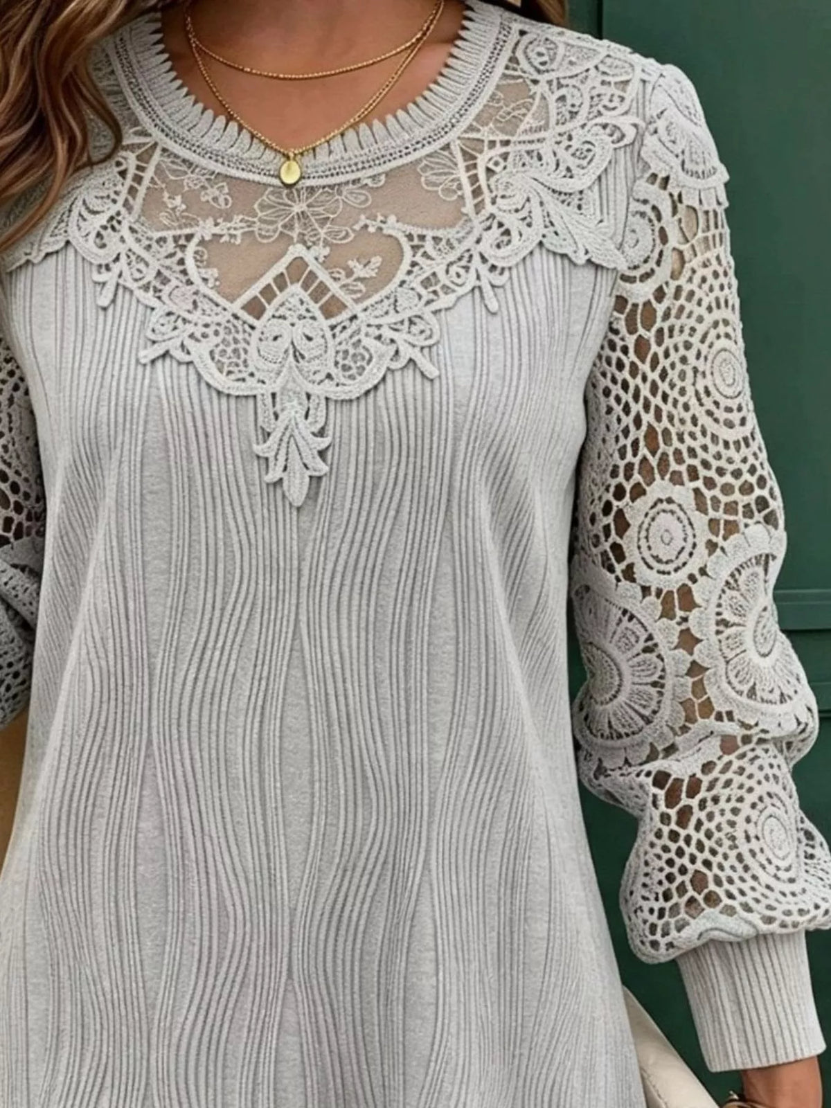 Light gray lace patchwork long-sleeve blouse with lace sleeves and scalloped yoke trim