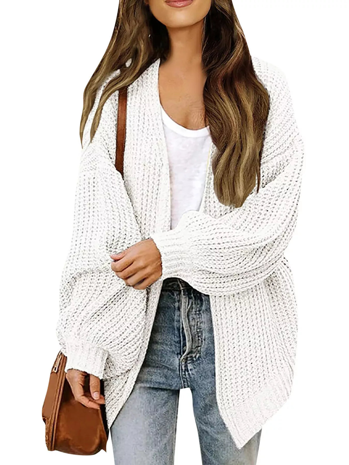 White waffle-knit open-front chunky cardigan with long sleeves and draped collar