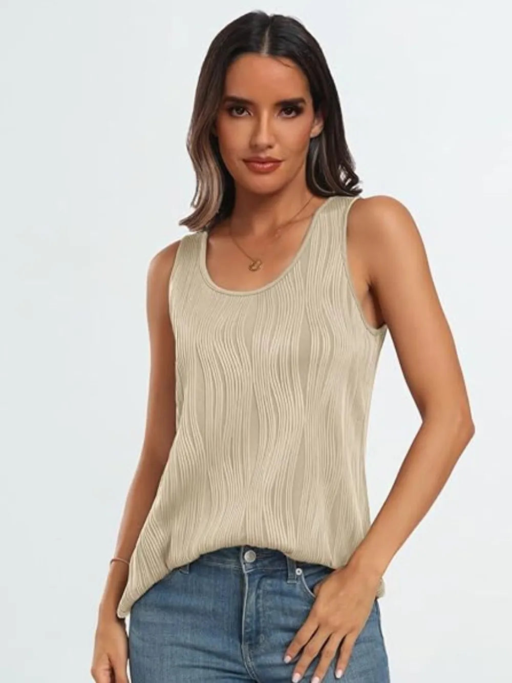 Tan wide-strap tank top with round neckline and vertical ribbed texture