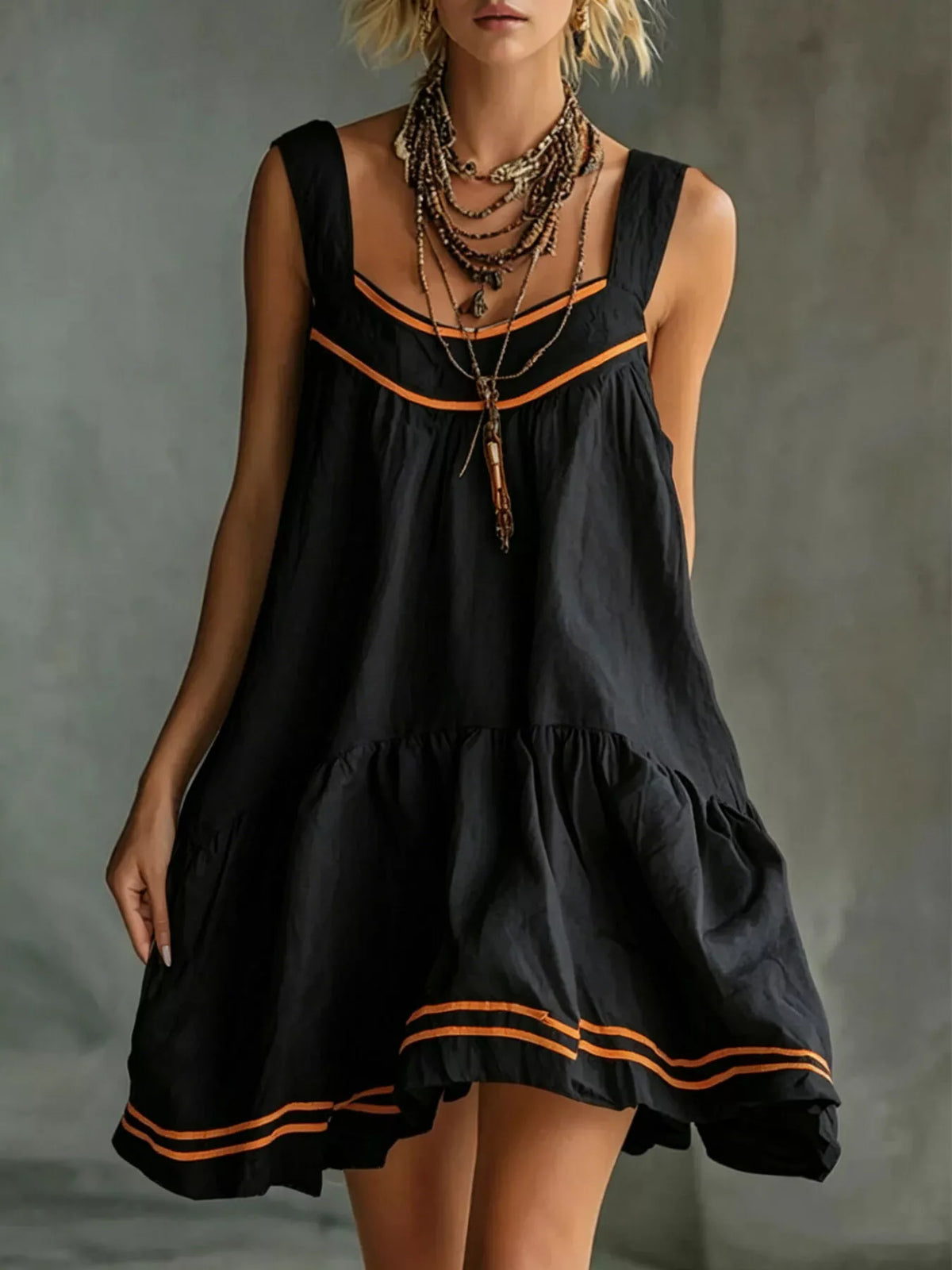 Black sleeveless tiered ruffle mini dress with orange trim and layered skirt hem