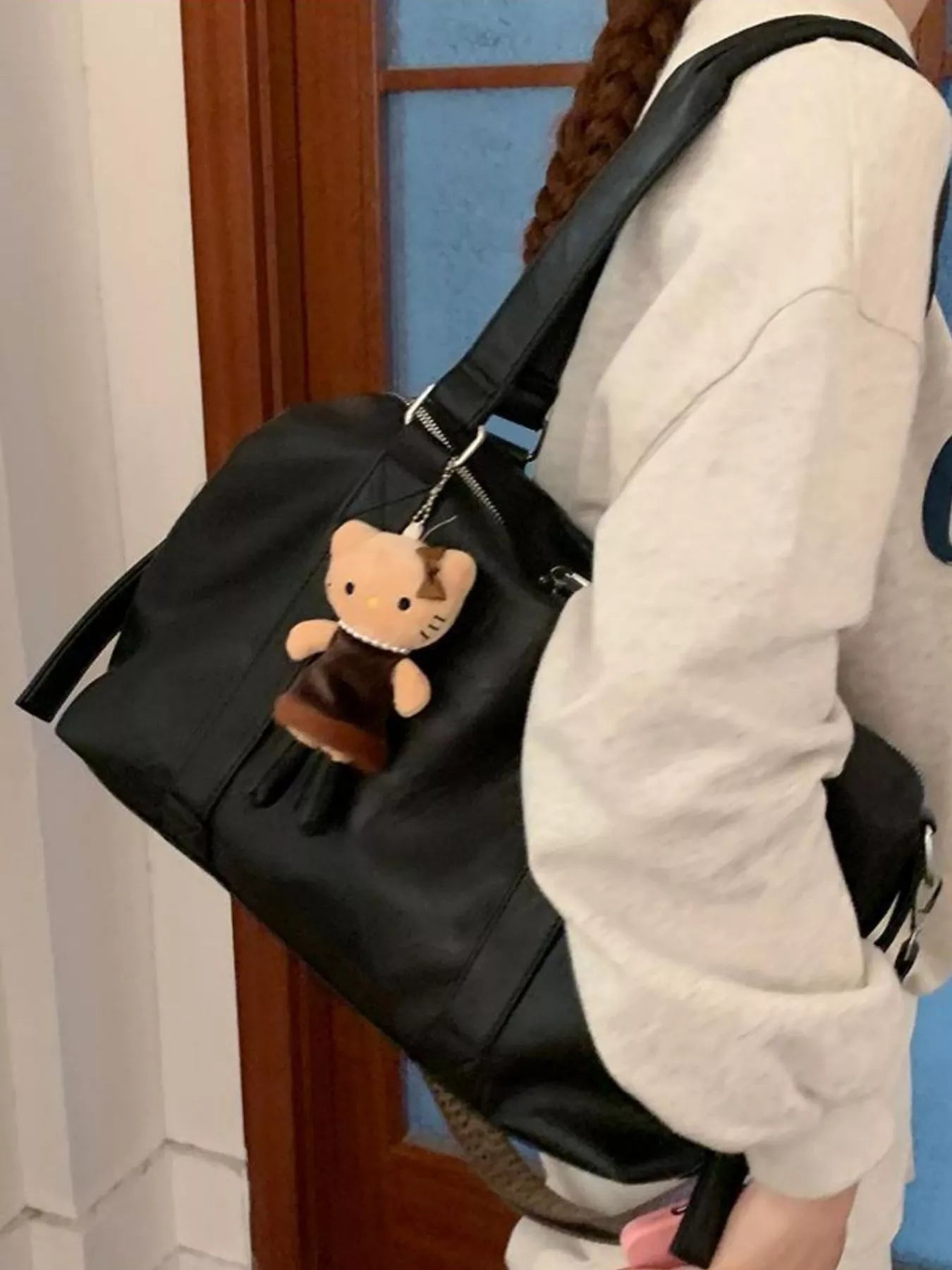 Leather shoulder bag, large black PU leather with plush bear charm