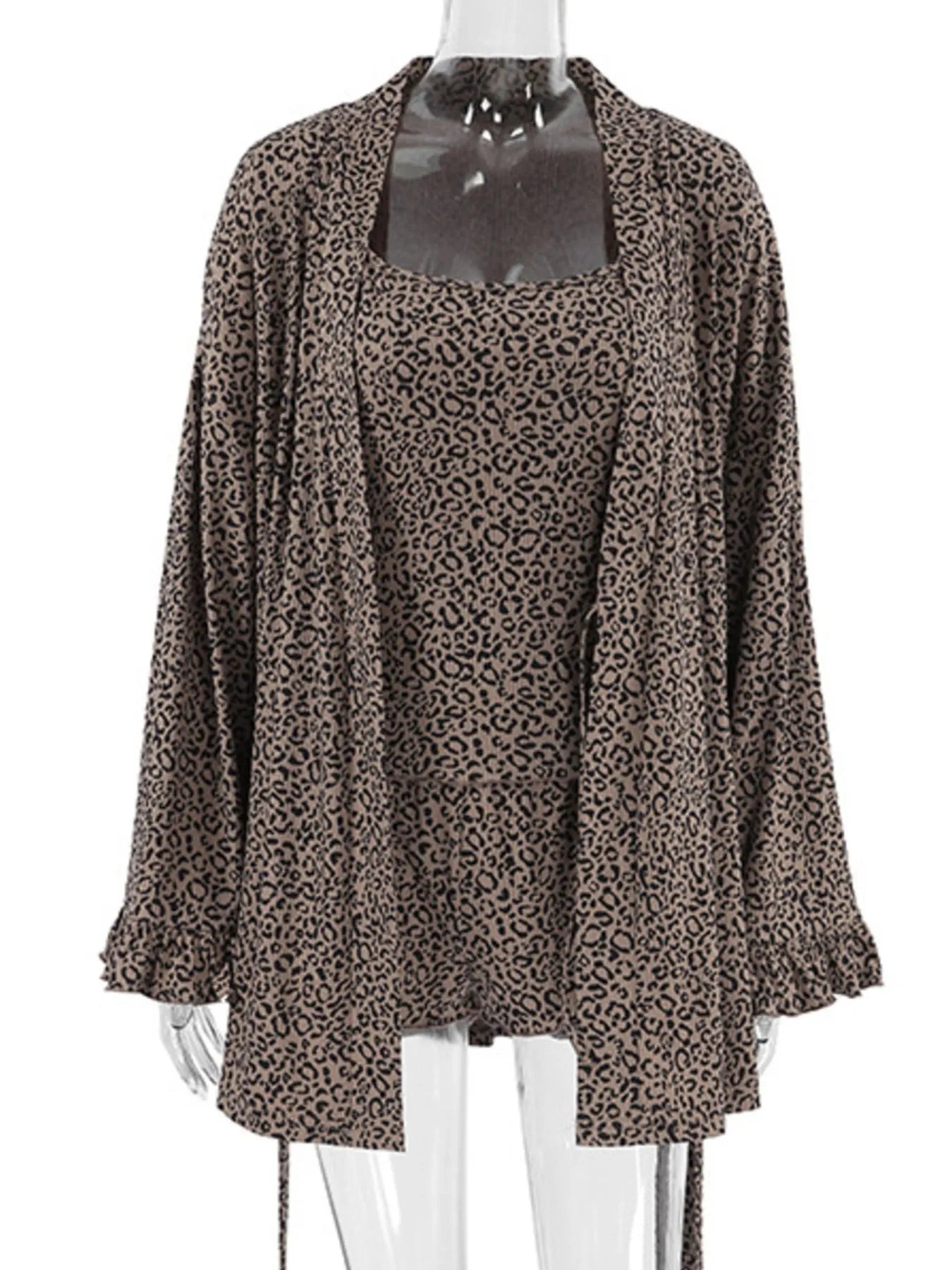 Leopard print long cardigan cover-up with gathered sleeves and hem ties