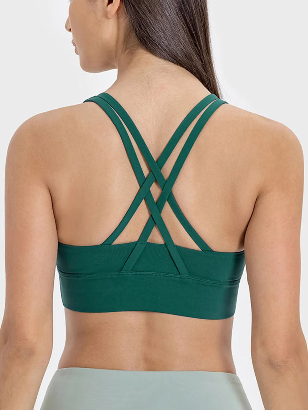 Dark green active tank sports bra with crisscross X-back straps