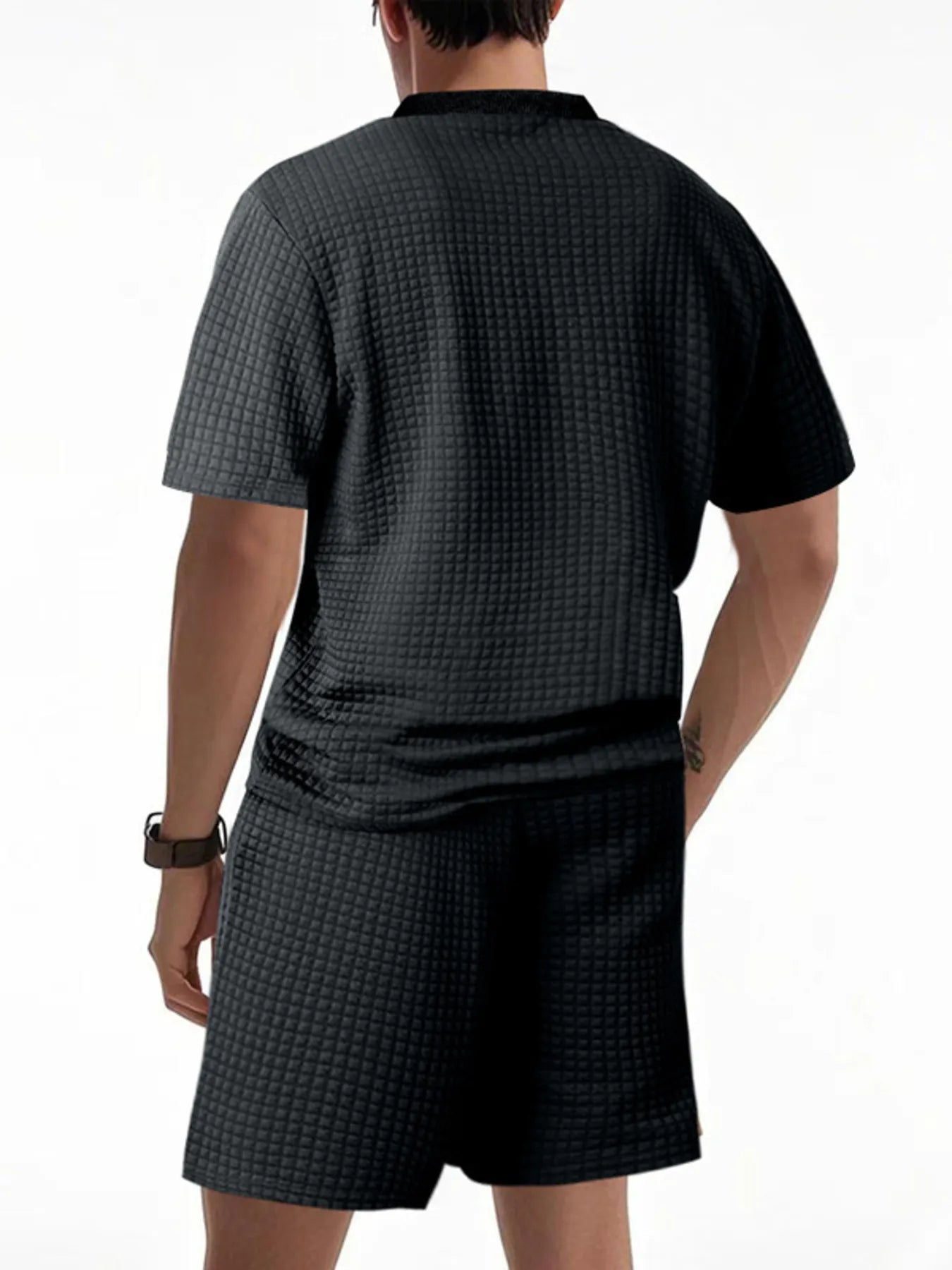 Textured black men's round-neck short-sleeve top and matching shorts set