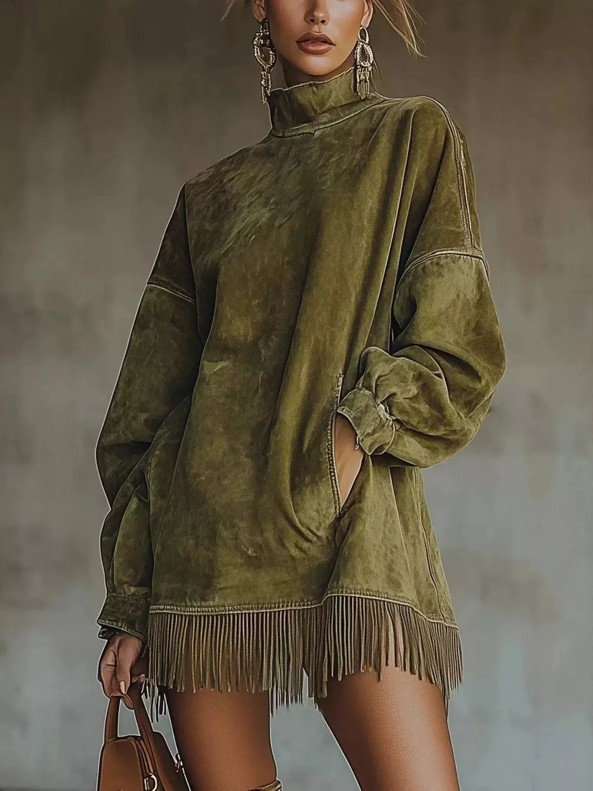 Olive green mock neck mini dress with long sleeves and fringe trim at hem