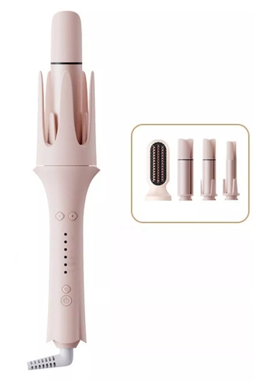 Blush pink automatic rotating curling iron with barrel and included styling attachments