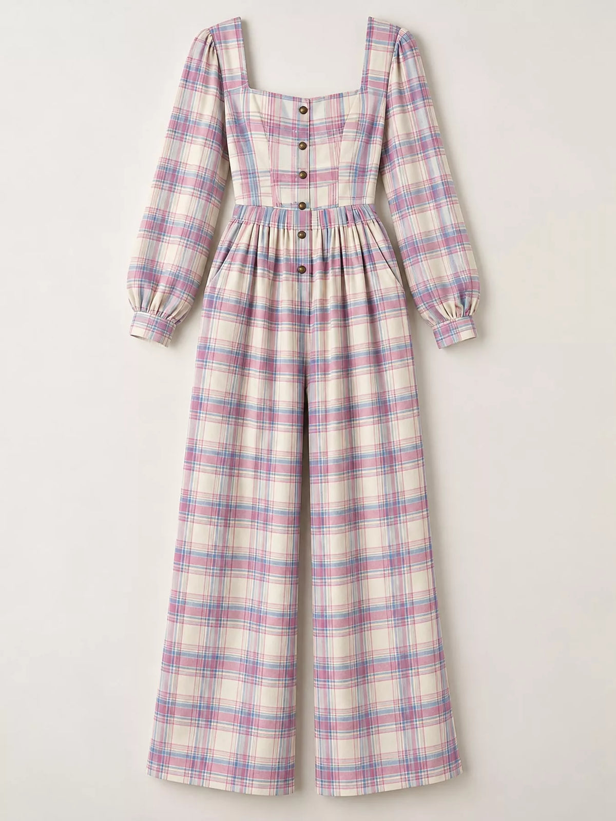 Plaid square-neck long-sleeve jumpsuit with button placket and wide-leg pants