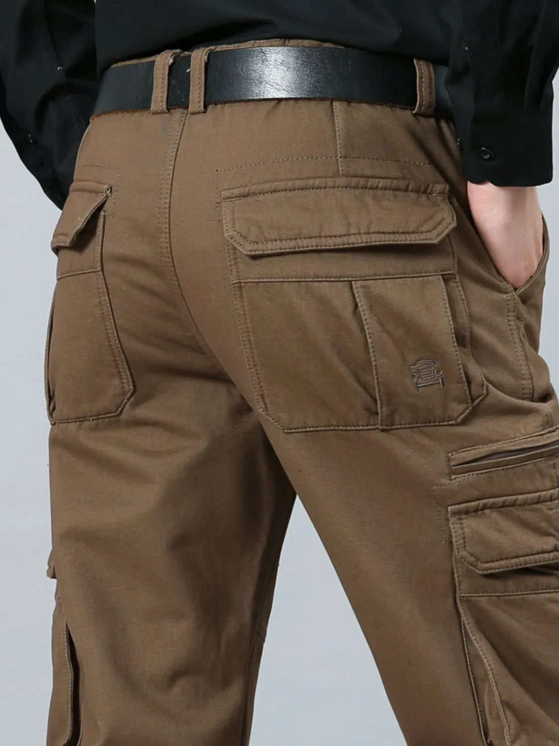 Men's solid cargo pants in taupe with cargo pockets and stitched back yoke