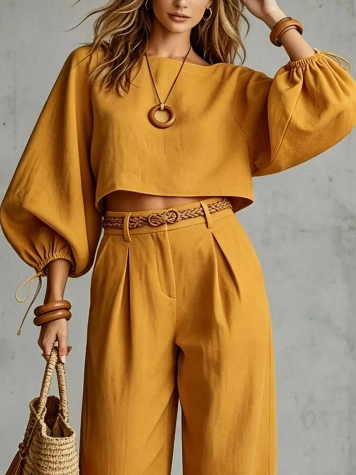 Ochre two-piece set with balloon sleeves, cropped top, and wide-leg pants