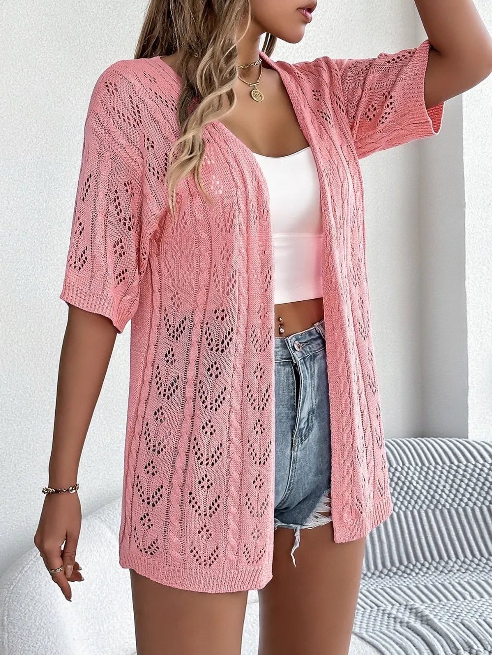 Pink openwork open-front half-sleeve cardigan, relaxed fit