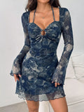 Navy stretchy mesh mini dress with long sleeves, ruched cutout bodice and flared skirt