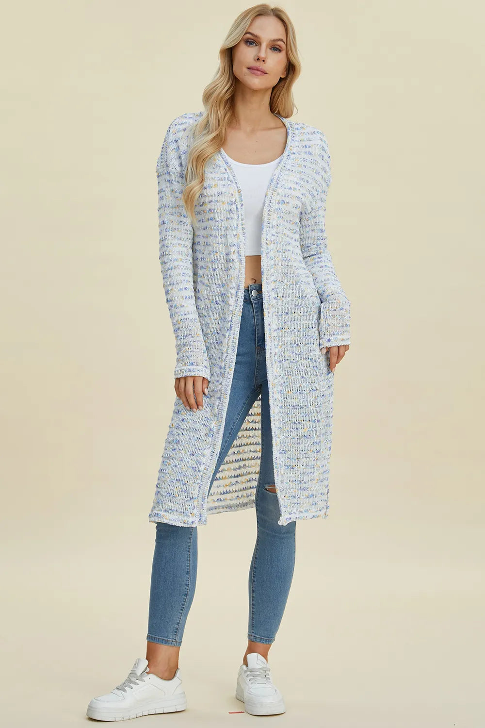 Light blue open-front longline cardigan with speckled knit, long sleeves and mid-thigh length