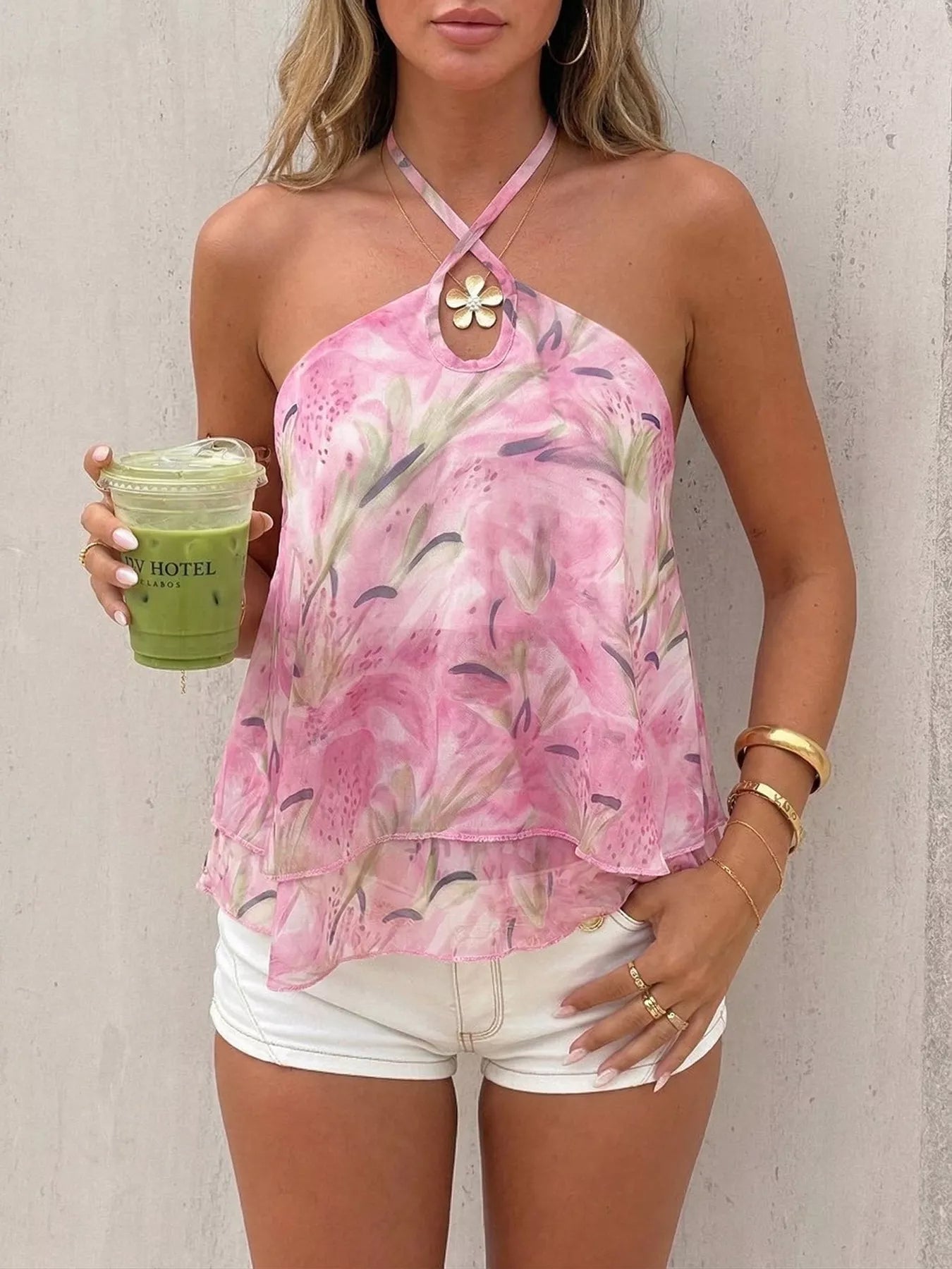 Cedar & Moore Floral Print Halter Neck Cami, pink flowy top with tie-smocked detail
