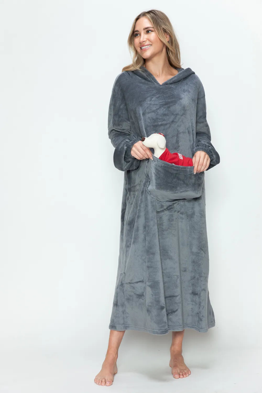 Dark gray hooded midi lounge dress with front pouch pocket and long sleeves