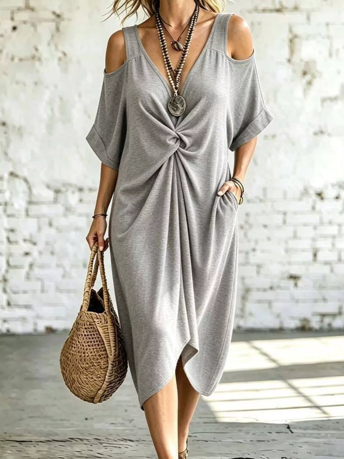 Gray cold-shoulder twist midi dress with draped knot front and loose short sleeves