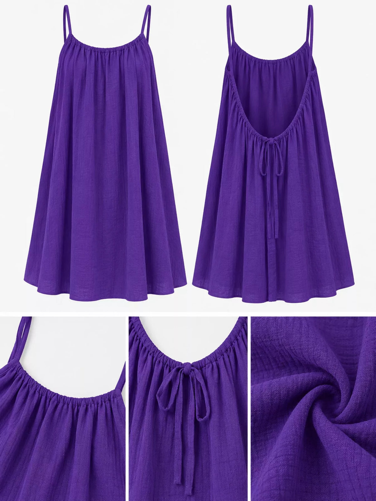 Purple ruched mini dress detail: spaghetti straps, back tie, and gathered waist seam