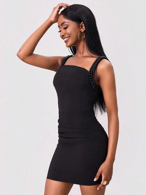 Black bead-trim wide strap wrap dress, square neckline, fitted mini length