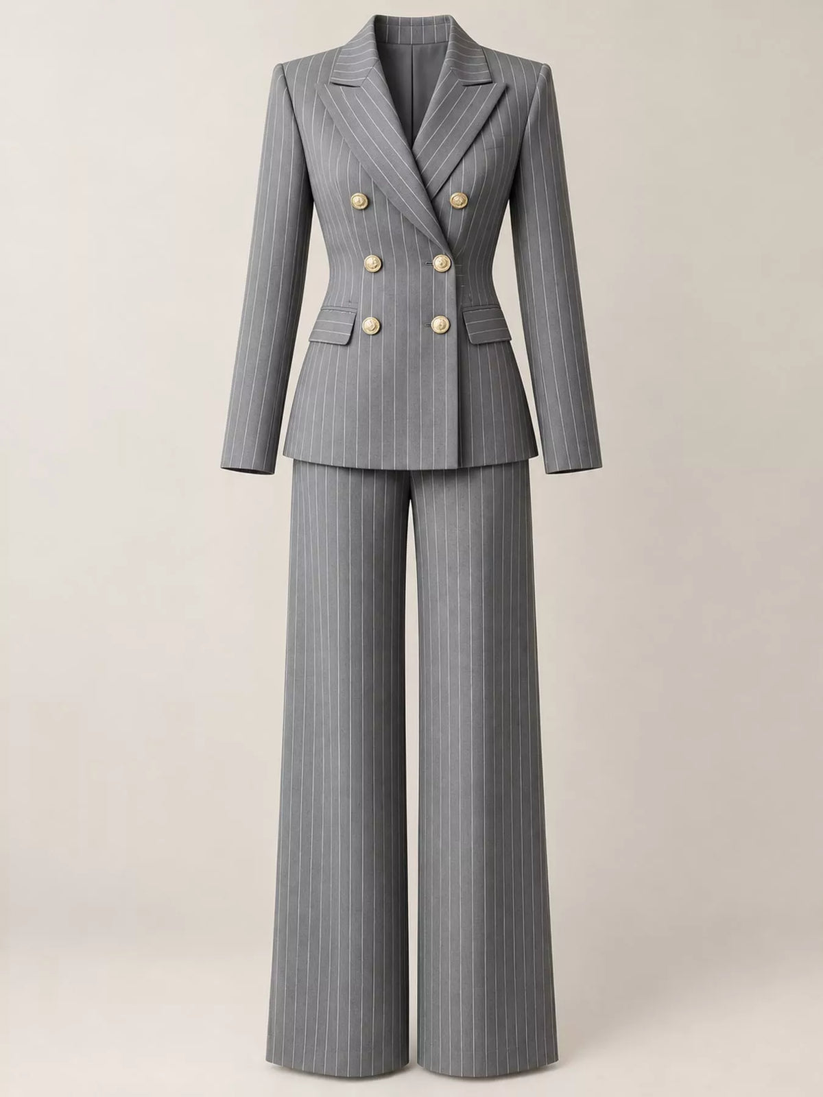 Gray double-breasted pinstripe blazer and wide-leg pants set with gold buttons