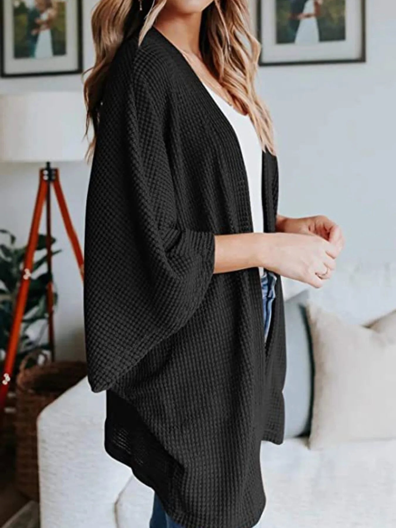 Plus size waffle knit open-front cardigan, black, side view with open front and pockets