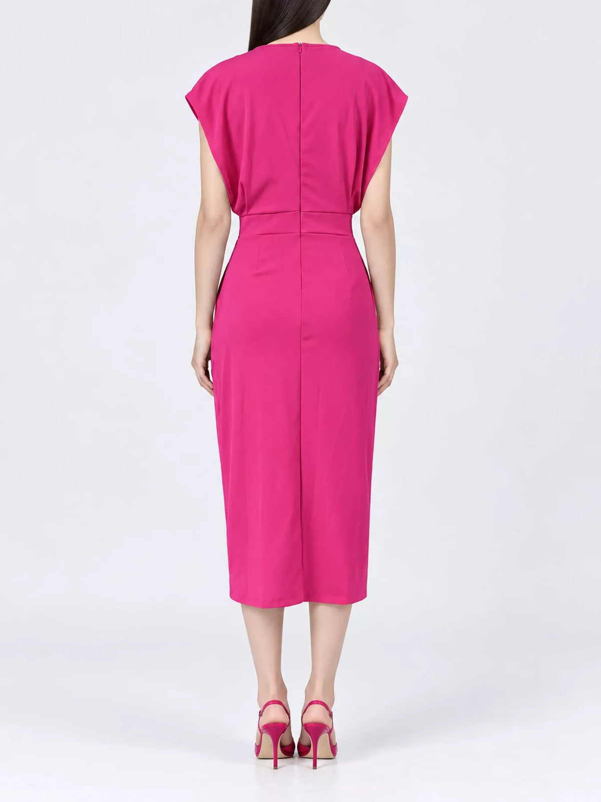 Pink sleeveless midi dress with vertical back seam