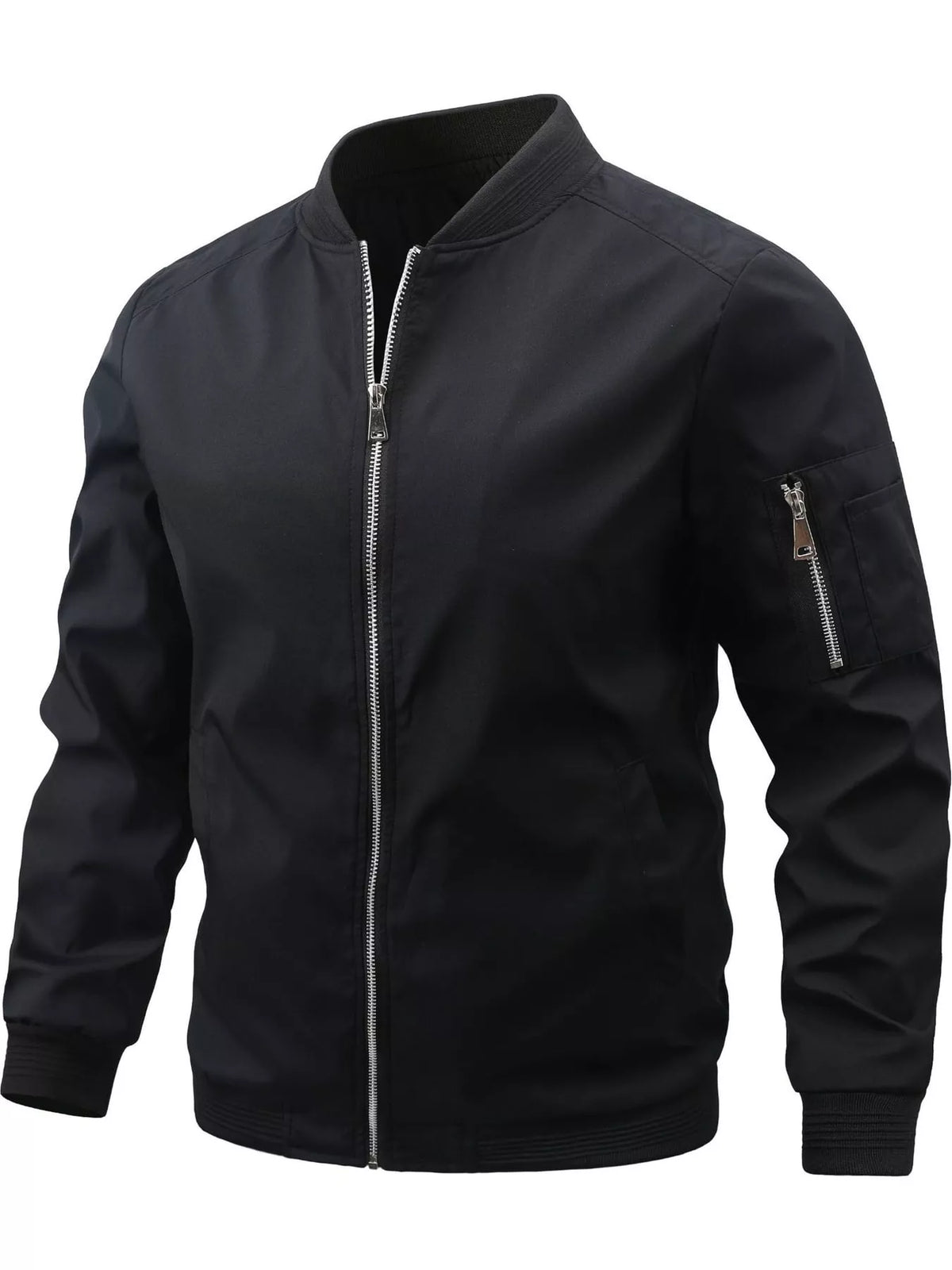 Lightweight bomber jacket in black with front zipper and ribbed cuffs/hem