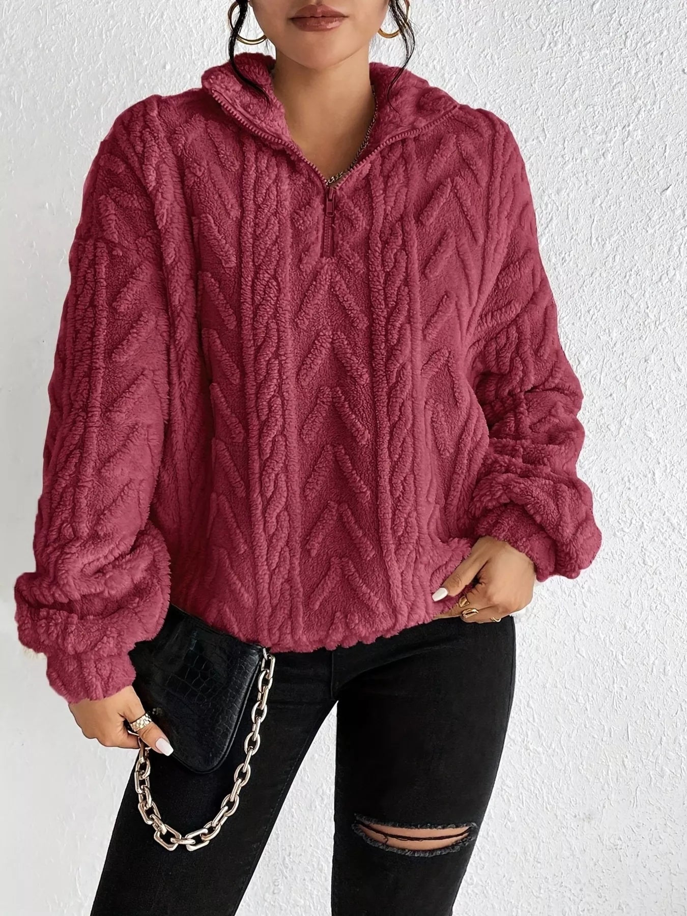 Sherpa quarter-zip sweatshirt, burgundy cable knit texture, front view