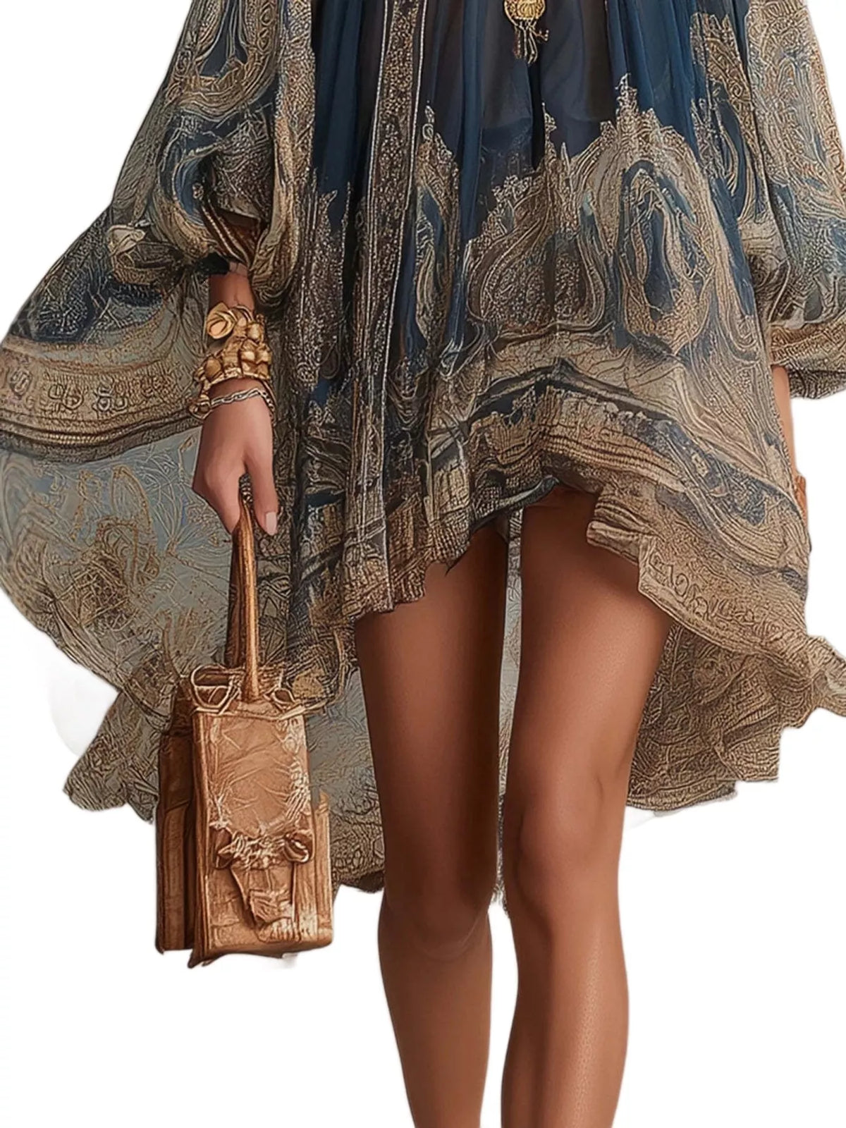 Navy paisley embroidered chiffon dress with flared high-low hem and gathered sleeves