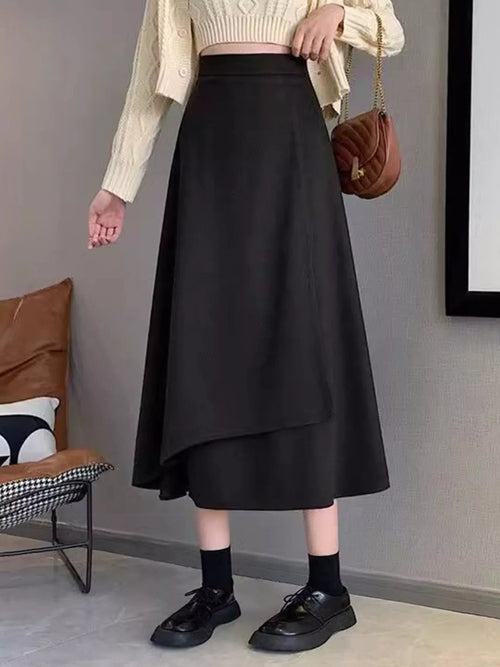 Black asymmetrical hem A-line skirt, midi length