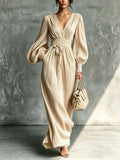 Cream tie-waist pleated V-neck maxi dress with long balloon sleeves