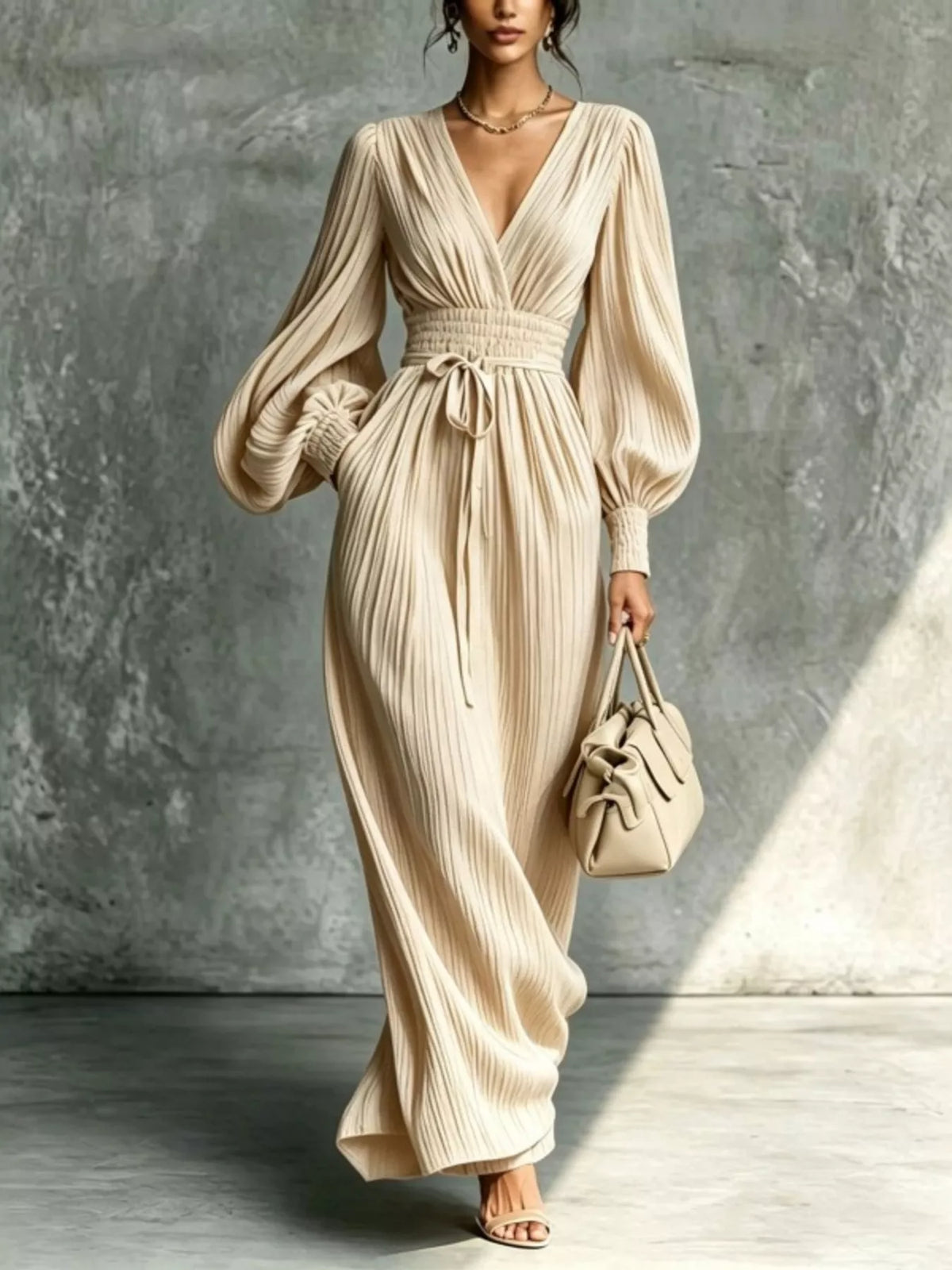 Cream tie-waist pleated V-neck maxi dress with long balloon sleeves