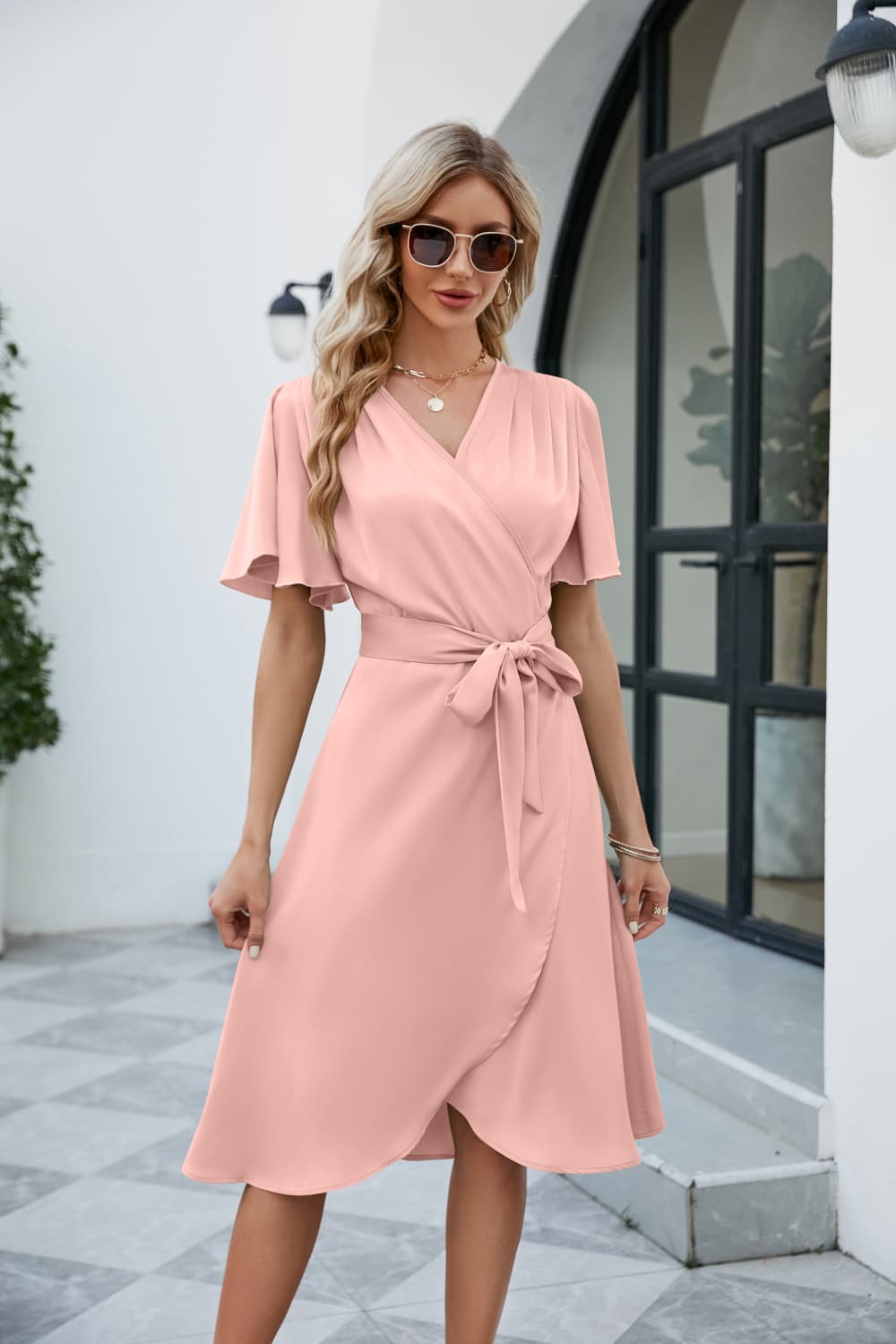 Watermelon pink tie-waist surplice flutter sleeve dress, V-neck wrap front