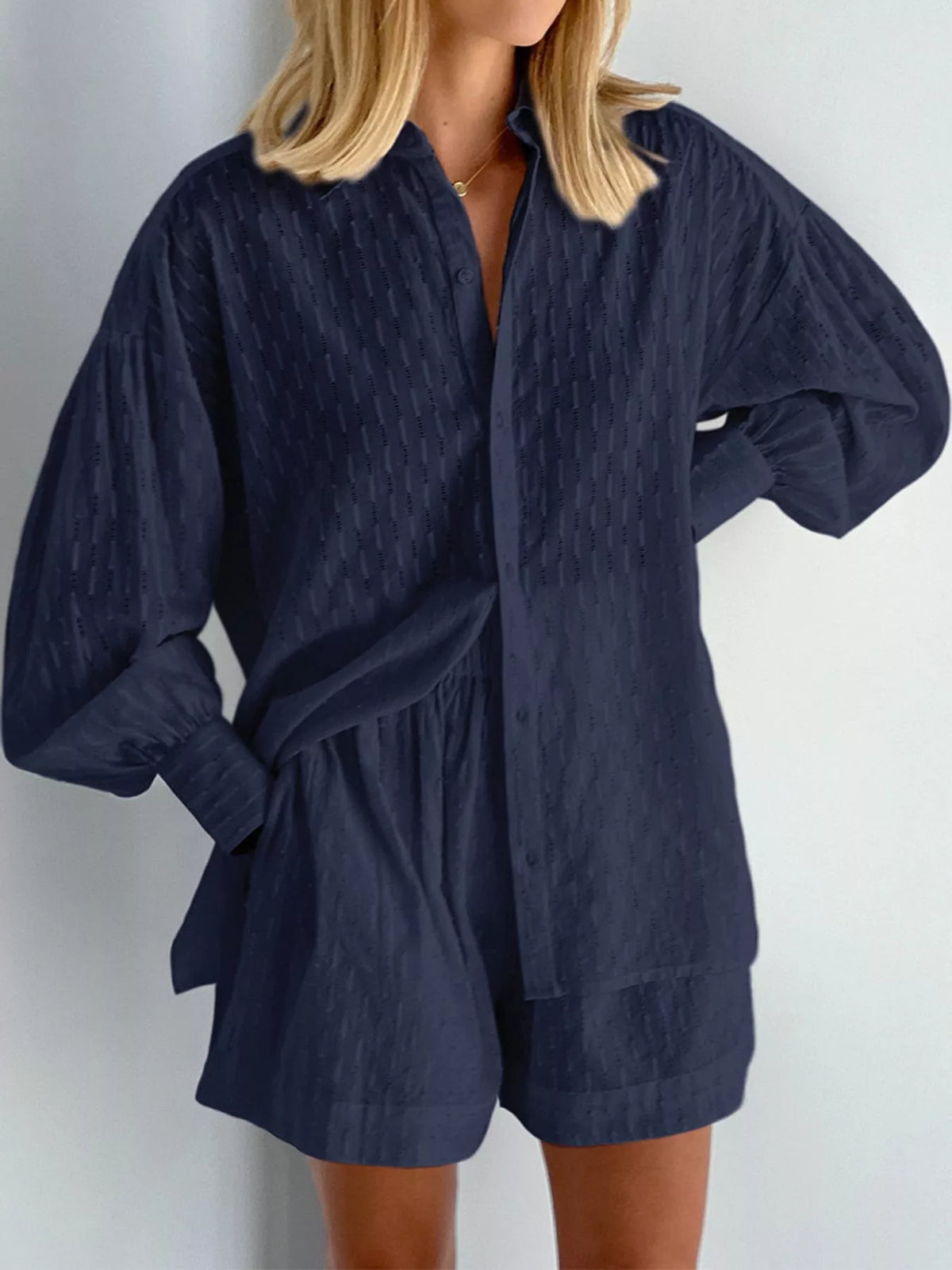 Navy textured button-down shirt and matching shorts set, long sleeves with button front