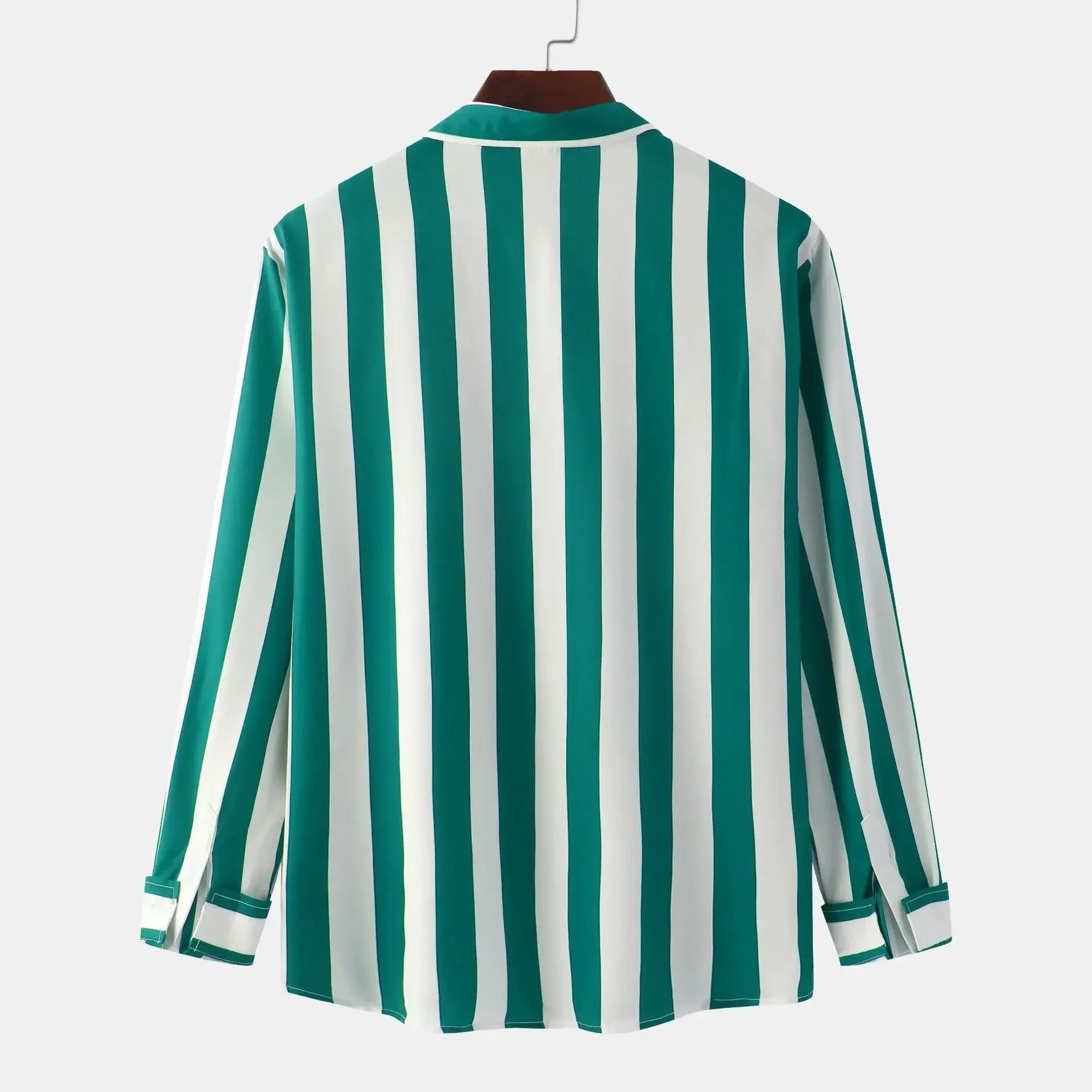 Green-and-white striped button-down long-sleeve shirt, back view, button front