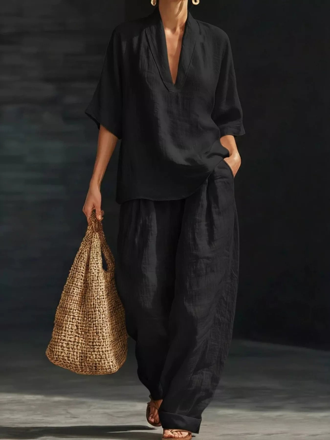 Black half-sleeve V-neck loose top and loose pants set, relaxed silhouette