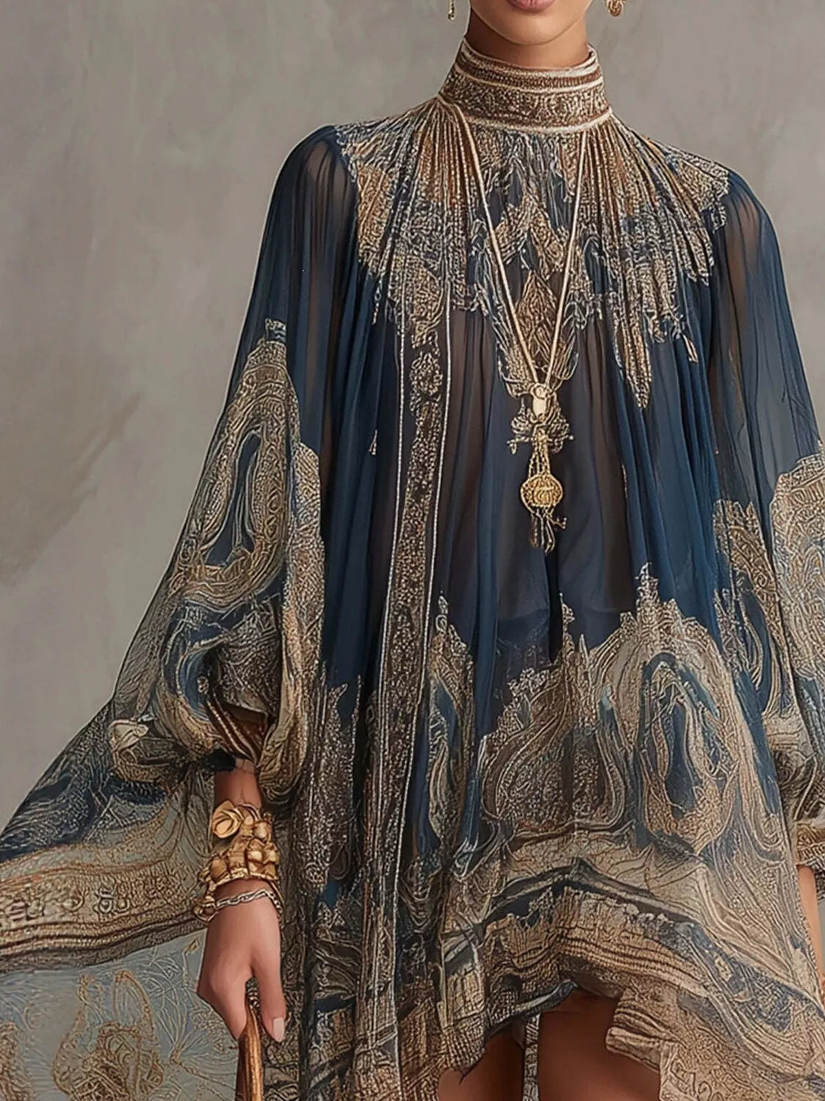 Navy embroidered chiffon high-low dress with mock neck and paisley pattern