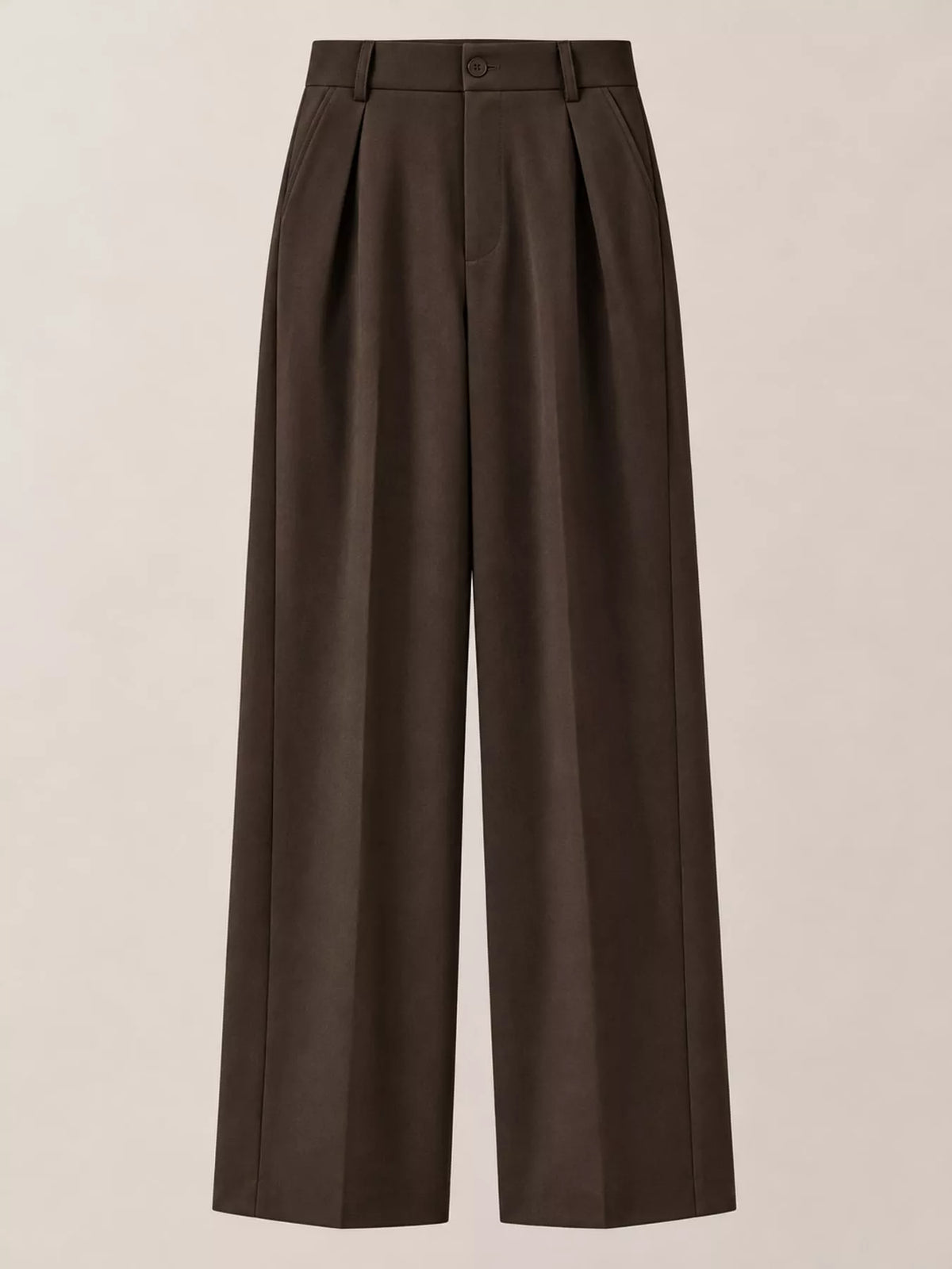 Dark brown high-waisted pleated wide-leg pants with belt loops and front button closure