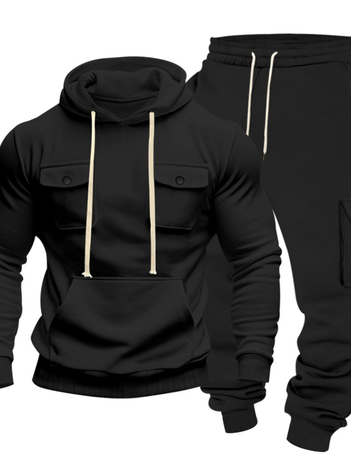 Black two-piece set: kangaroo hoodie with drawstring, plus matching sweatpants