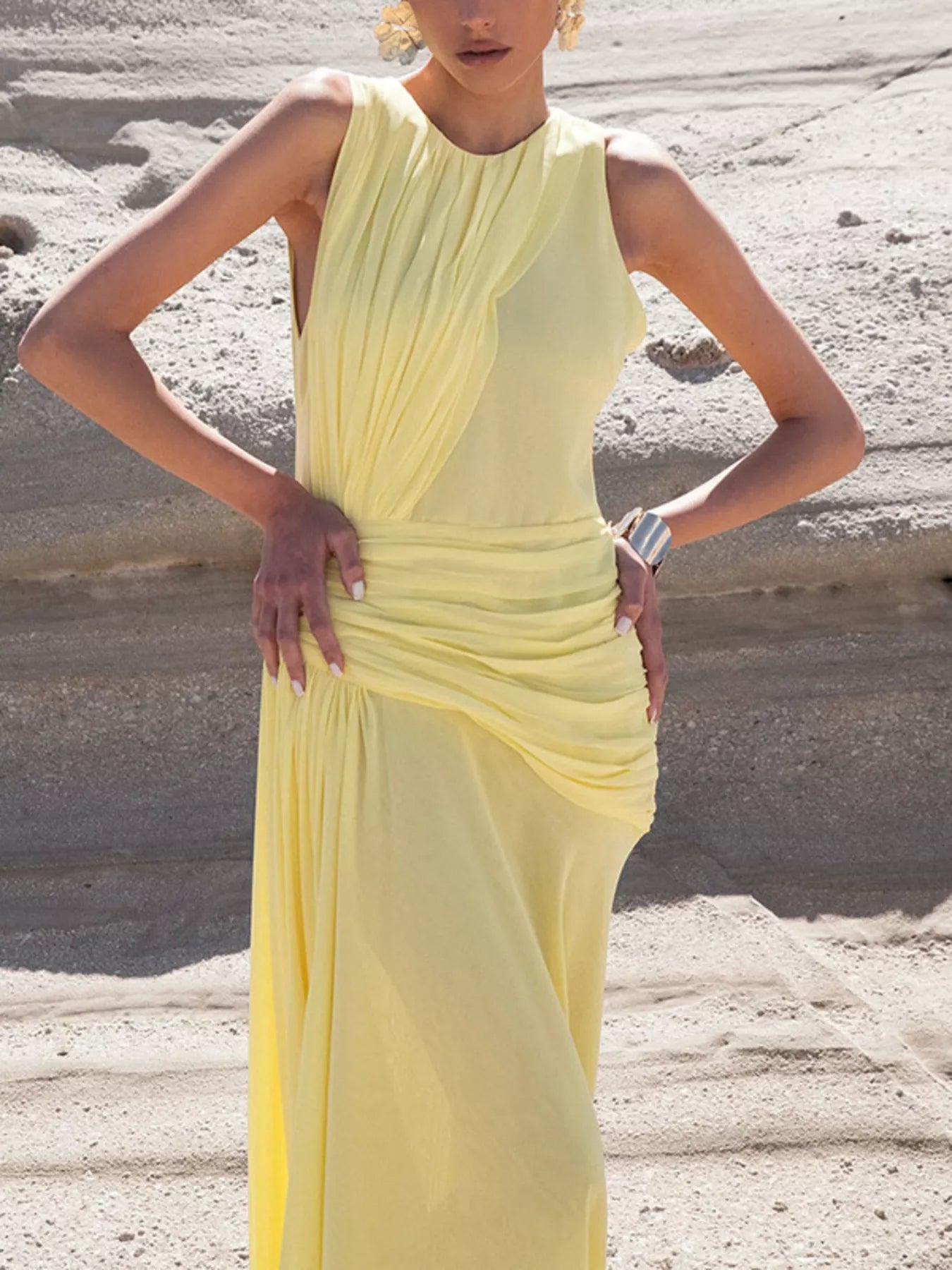 Cedar & Moore Sleeveless Ruched High-Slit Maxi Dress, yellow by Trendsi